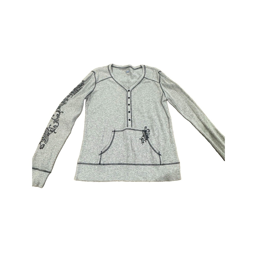 SB Active Women's M Gray Waffle Knit Henley V-Neck Snap Placket Pocket Top